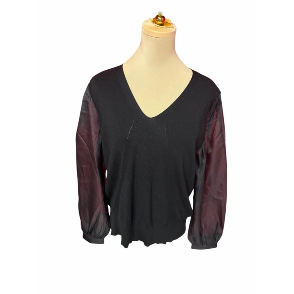 Talbots Black V-Neck Sweater Sheer Puff Sleeve Lightweight Knit LP